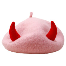 Warme Teufelshorn-Baskenmütze für Damen,-Rosa rotes Horn