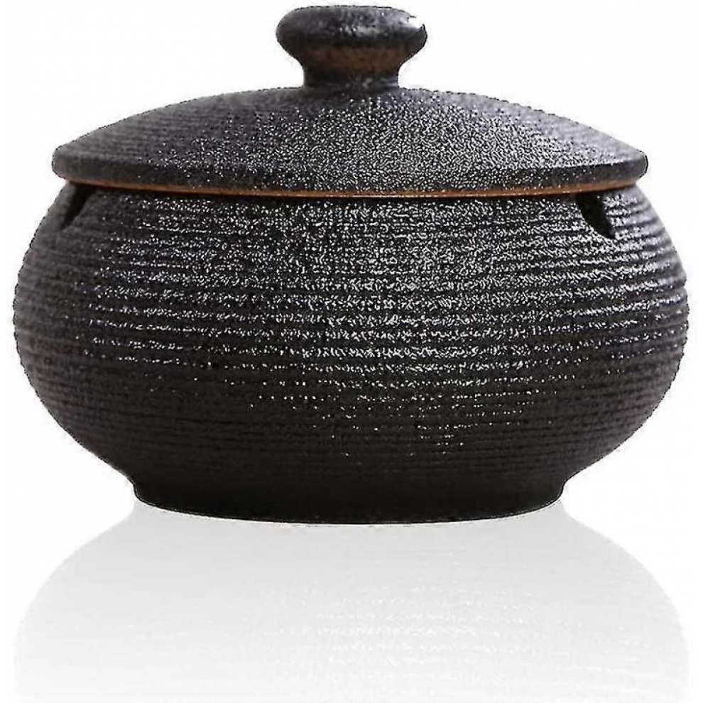 Black Ceramic Ashtray With Lid, Windproof, Retro Chinese Style,