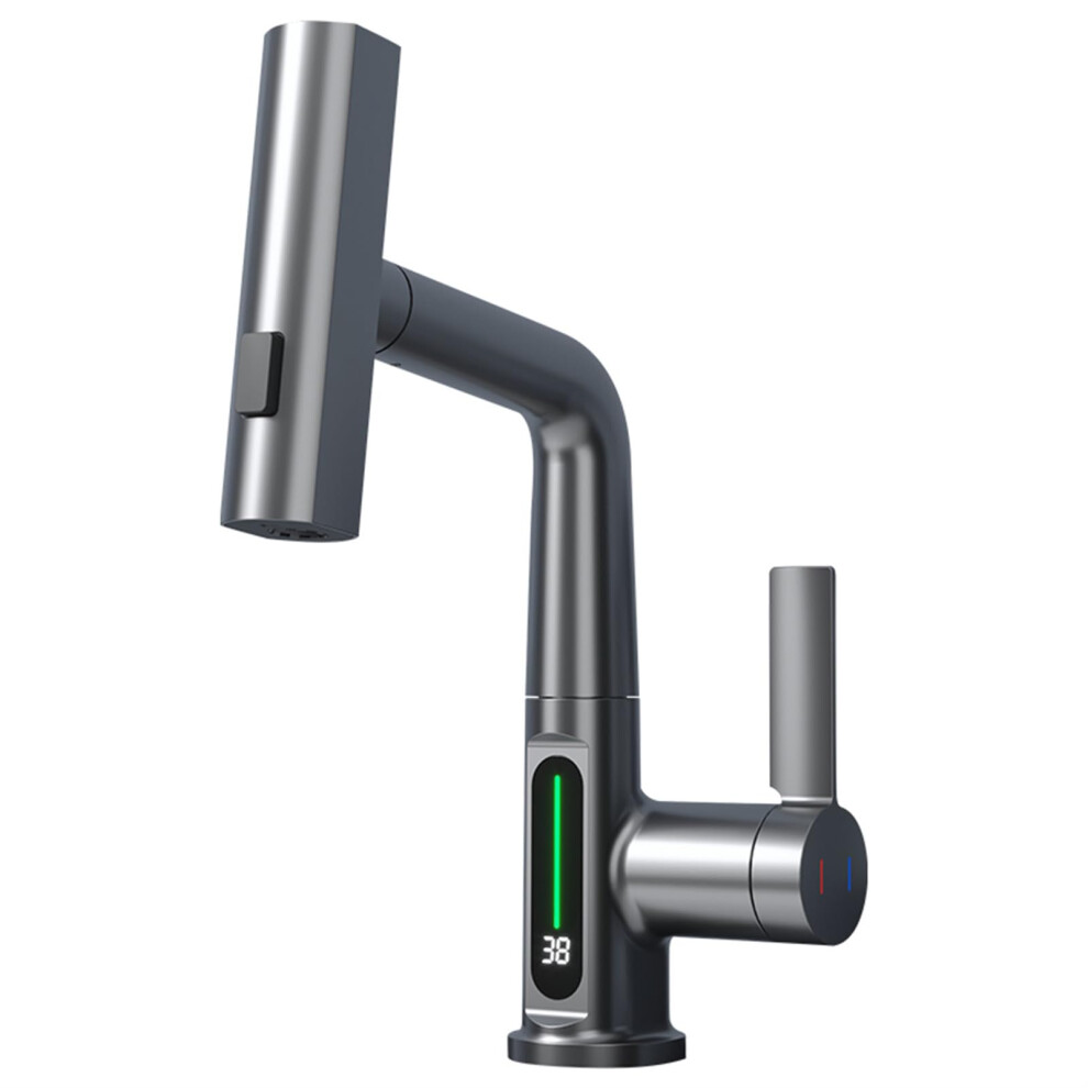 Bathroom Faucet With Temperature Display, Waterfall Spout, Pull Down Sprayer, Single Handle For Kitchen Or Sink, Grey 9001264780340