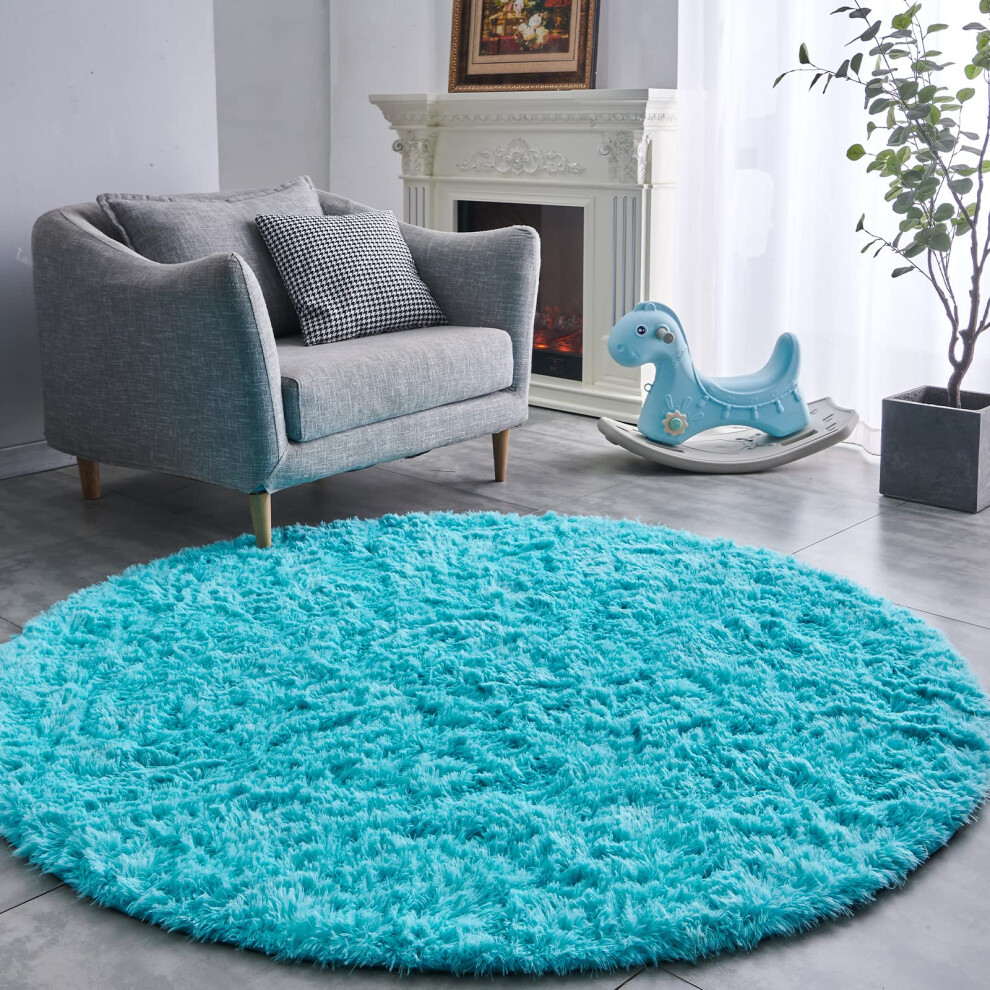 Round Area Rug 4X4ft Shaggy Plush Nonslip Carpet Ultra Soft For Bedroom Nursery Kids Room Blue