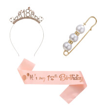 Kit de tiara de strass e faixa de aniversário em ouro rosa, conjunto de celebração para meninas com coroa brilhante, broche de pérola e cinto de