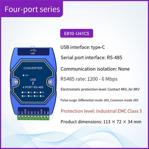 USB to -485 Serial Port Converter 4 Serial  E810-U41CS USB-C Interface 6M Rate Industrial Grade Without 2