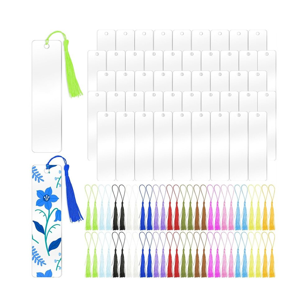 50 Pcs Clear Acrylic Bookmarks Blanks Rectangle,Book Page Markers Transparent Acrylic Bookmark Blank Bulk With Tassels 4712235247094