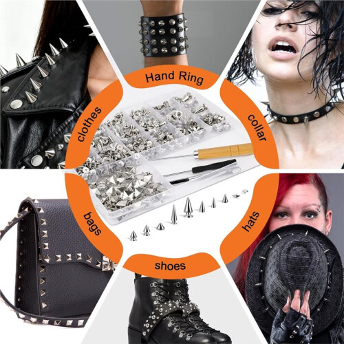 543P Punk Spikes and Studs Kit with 8 Size Punk Metal Tree Spikes Studs and 2 Size Pyrami Studs Flat for Leather 2