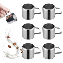 Set of 6 stainless steel milk jugs: 30 ml small with handle, espresso pourer, frothing jug