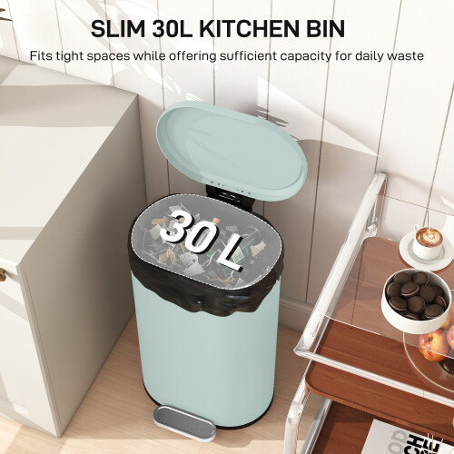 Homcom HOMCOM Slim Rectangular Pedal Bin with Soft-Close Lid, 30L Kitchen Bin Green 2
