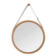 Easy to Install Rustic Wall Mirror, Round Hanging Mirror with Natural Bamboo Frame for Bathroom Bedroom Living Room, Wood Frame Mirror with Leather Ha