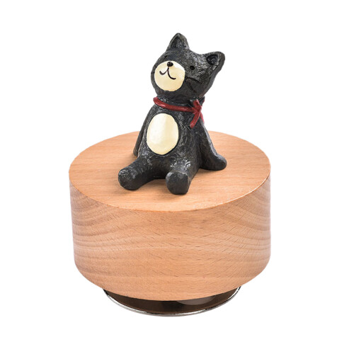 Manual Wind Up Wooden Music Box with Rotating-Spin kitten