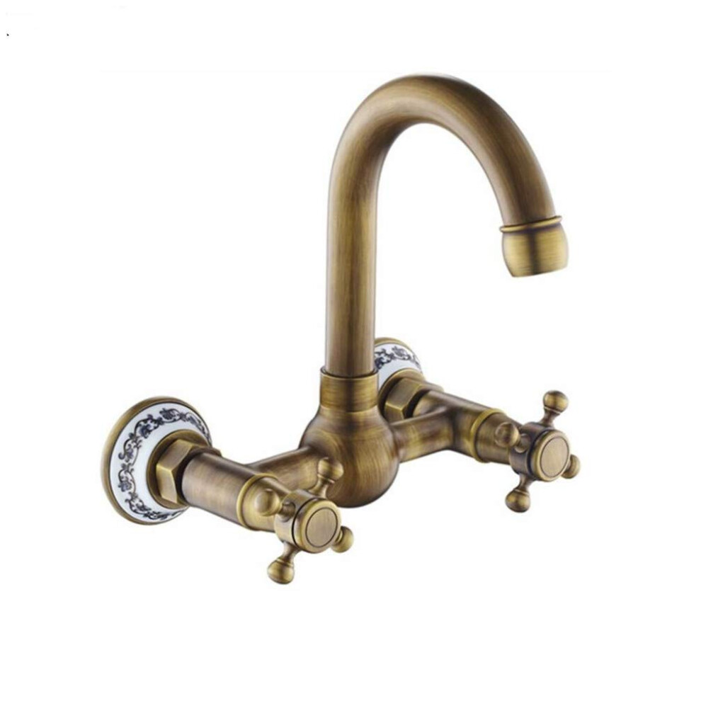 Antique Brass Wall Mounted Bath Faucet With Dual Handles Hot Cold Mixer And 360 Swivel Spout 9001264790035