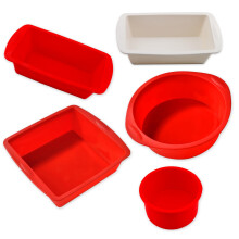 5Piece Silicone Baking Mold Set (4 Red  1 White) – Quality Square  Round Bread Baking Molds, Easy to Clean  Durable Silicone Trays