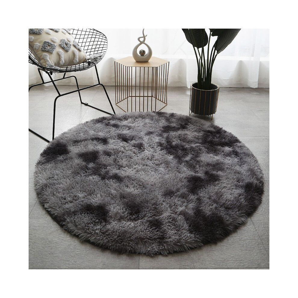 (Tie-dye round - dark grey, 80cm) Plush, long and silk tie-dyed round carpet
