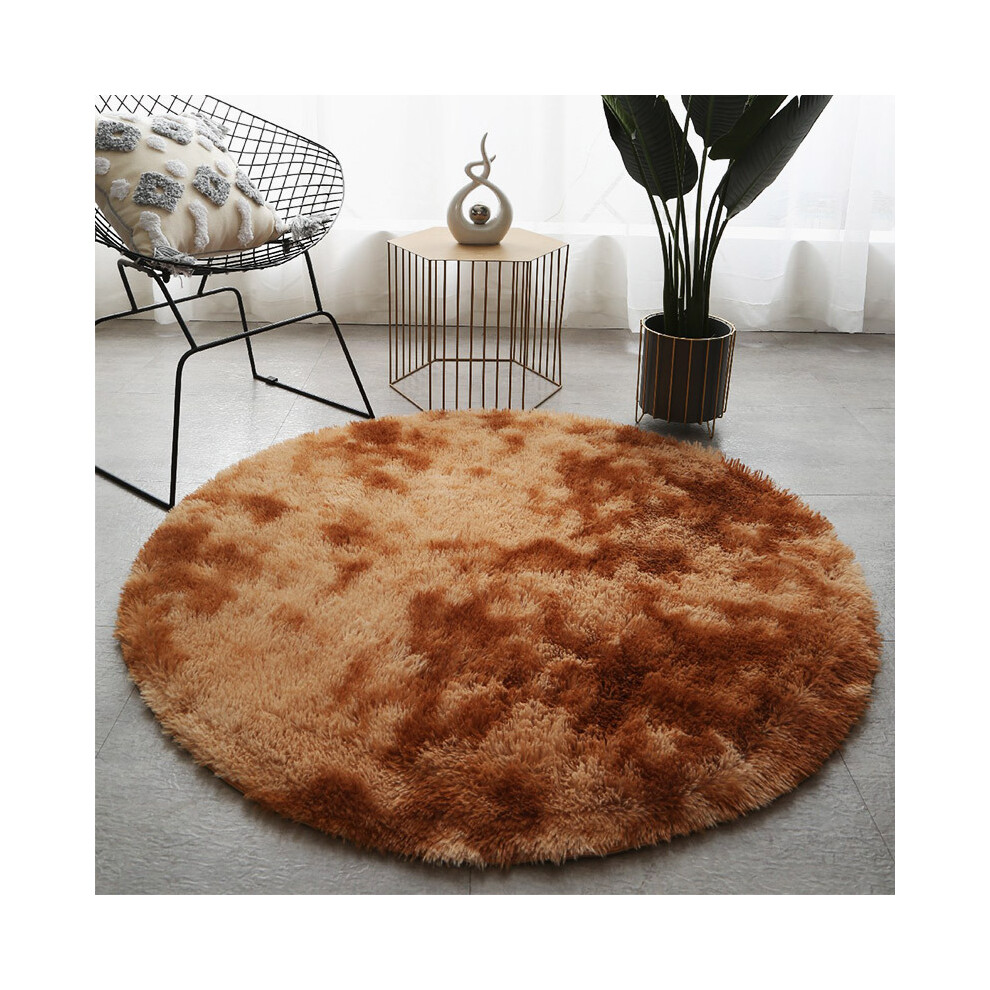 (Tie-dye round - Khaki, 60cm) Plush, long and silk tie-dyed round carpet