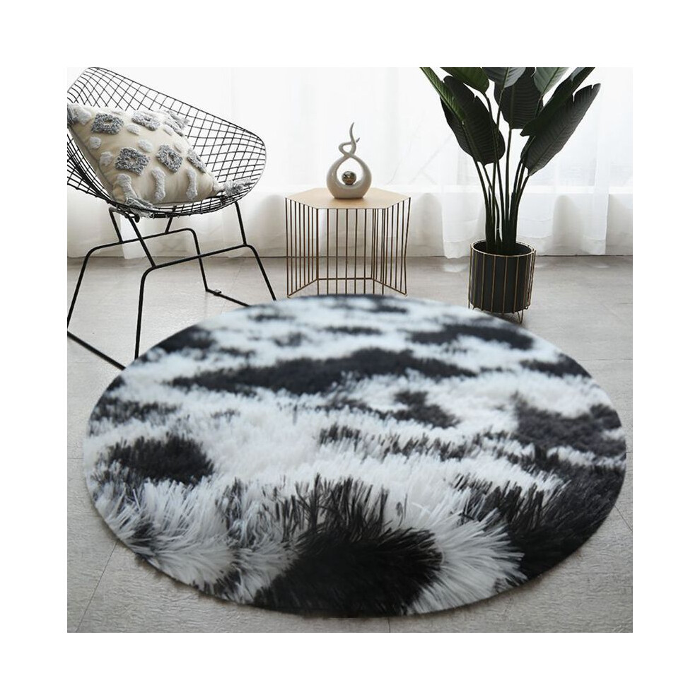 (Tie-dye round - black and white, 100cm) Plush, long and silk tie-dyed round carpet