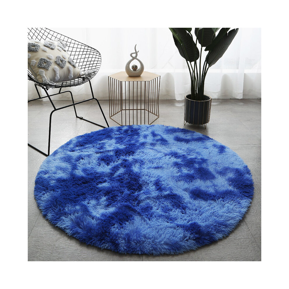 (Tie-dye round - royal blue, 160cm) Plush, long and silk tie-dyed round carpet