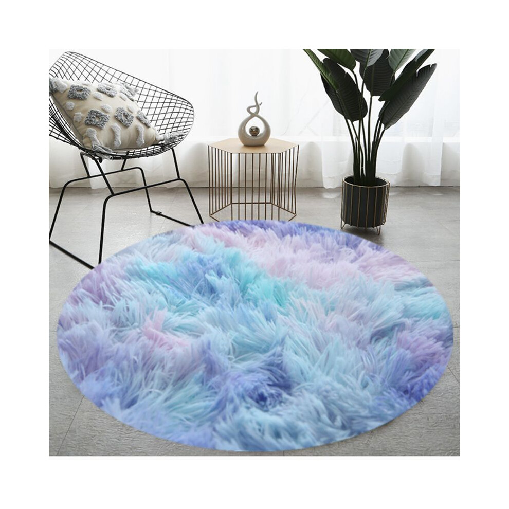 (Tie-dye round - blue color, 60cm) Plush, long and silk tie-dyed round carpet