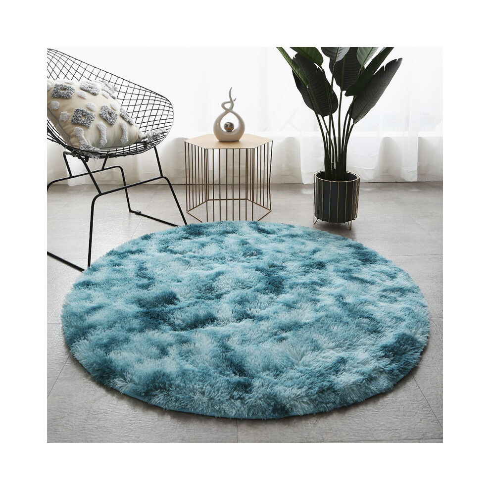 (Tie-dye round - Dark blue, 120cm) Plush, long and silk tie-dyed round carpet
