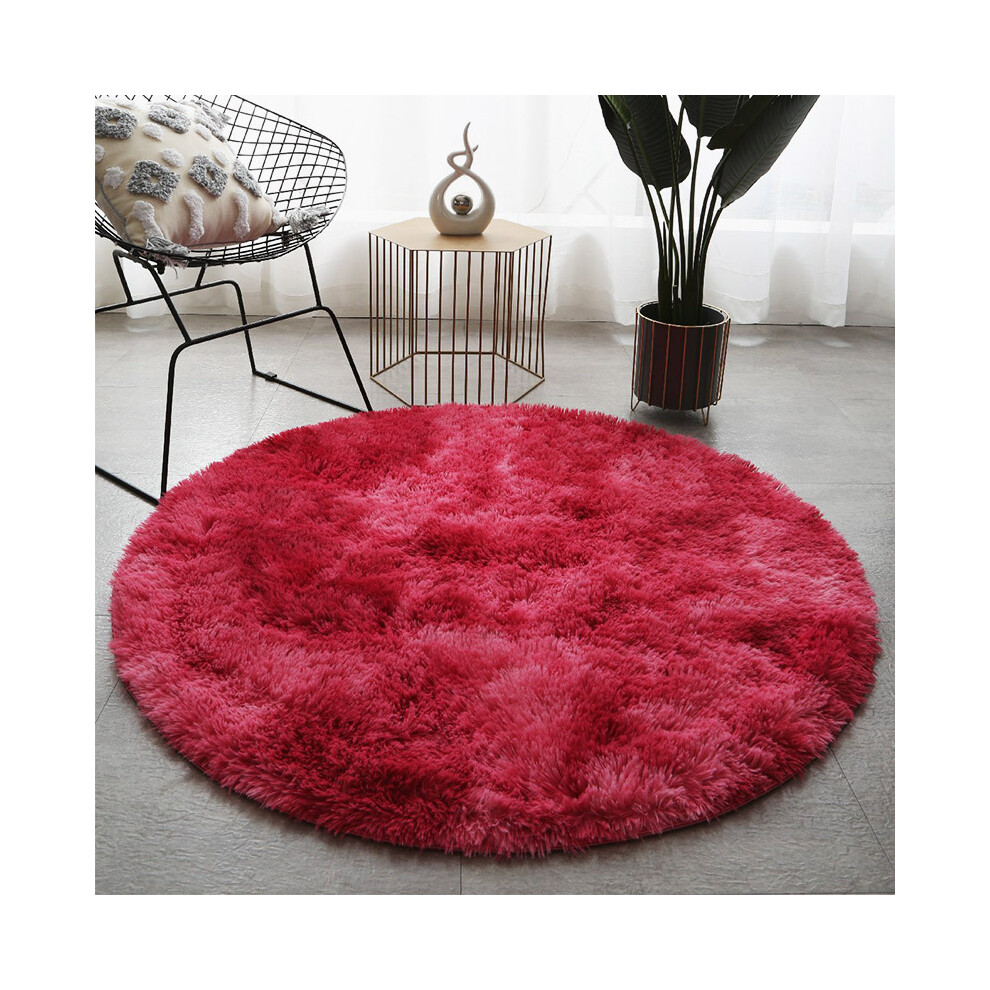 (Tie-dye round - wine red, 120cm) Plush, long and silk tie-dyed round carpet