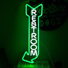 Restroom Neon Sign with Bright Green Arrow and Cold White Glow for Wall Decor 16.9x6.3