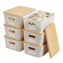 Set of 6 Storage Boxes with Bamboo Lid, Stackable Organiser for Office, Wardrobe (White)