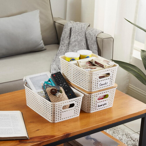 Set of 6 Storage Boxes with Bamboo Lid, Stackable Organiser for Office, Wardrobe (White) 2