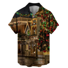 Men's Christmas Shirt Slim Fit Size Small Light Blue 3D Printed Hawaiian Festive Christmas Motif