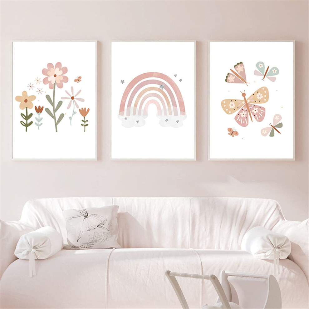 Set of 3 Wall Pictures for Children's Room, Rainbow Sun, Cloud, Flowers