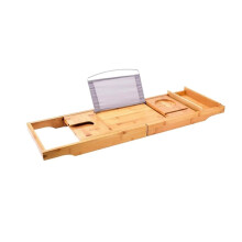Bamboo Expandable Bathtub Caddy Tray with Wine Glass, Book, Tablet and Phone Holder