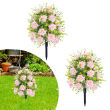 Artificial Boxwood Topiary Balls with Roses, UV Resistant Outdoor Shrubs, 2 Pack 20in with Stakes