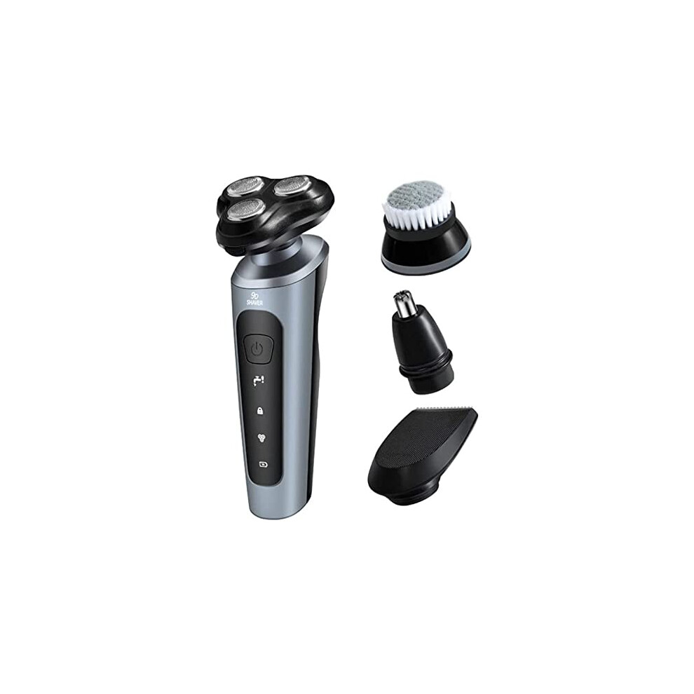 Electric Shaver for Men 4in1 Waterproof Rotary Razor USB Rechargeable with Nose Trimmer and Facial Brush (A)