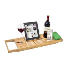 Bamboo Bathtub Caddy Tray Adjustable Wooden Bath Organizer with Wine Glass Phone Book Holder