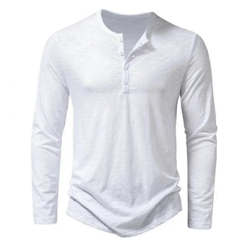 Herren Baumwoll-Henley-Shirt mit Knöpfen, Langarm, Einfarbig