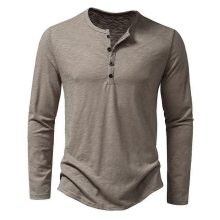 T-shirt casual in cotone con bottoni da uomo color cachi, scollo a V, maniche lunghe, tinta unita