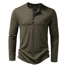 Maglietta uomo cotone bottoni collo coreano maniche lunghe casual verde militare