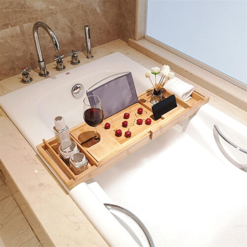 Extendable Bamboo Bath Caddy Tray 105cm Adjustable for Home Spa & Clawfoot Baths 2