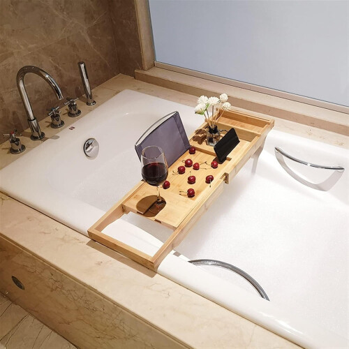 Extendable Bamboo Bath Caddy Tray 105cm Adjustable for Home Spa & Clawfoot Baths 1