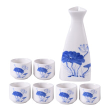 Set of 7 Kung Fu Gift with Warmer Wine Blue Ochoko Glass Ceramic Sake Tokkuri