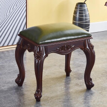 Vintage Leather Foot Stool Ottoman with Wooden Carved Legs for Living Room Couch or Entryway, Green