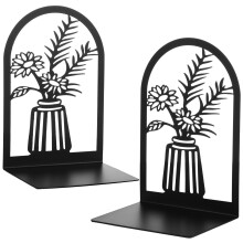2 Pack Black Metal Bookends with Vase Design, Heavy Duty NonSlip Holders for Home Office