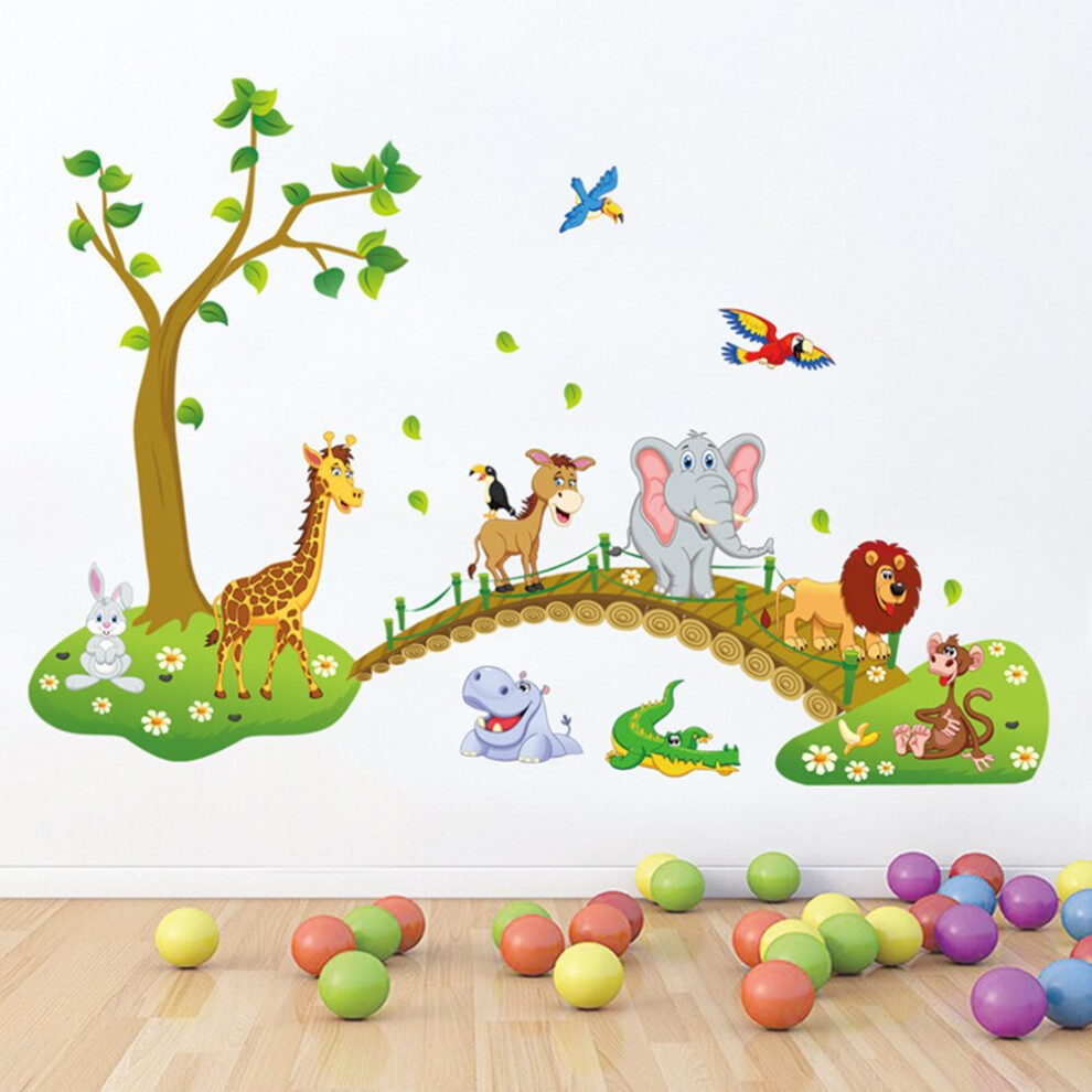 Jungle Animals Tree Wall Stickers Lion Giraffe Elephant Walking on Bridge