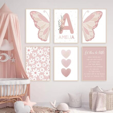 6 Pictures Room Personalised Wall Pictures Nursery Name Poster Girls Pink Boho Poster Butterfly Flowers Sayings Canvas 21 x 30 cm without Frame