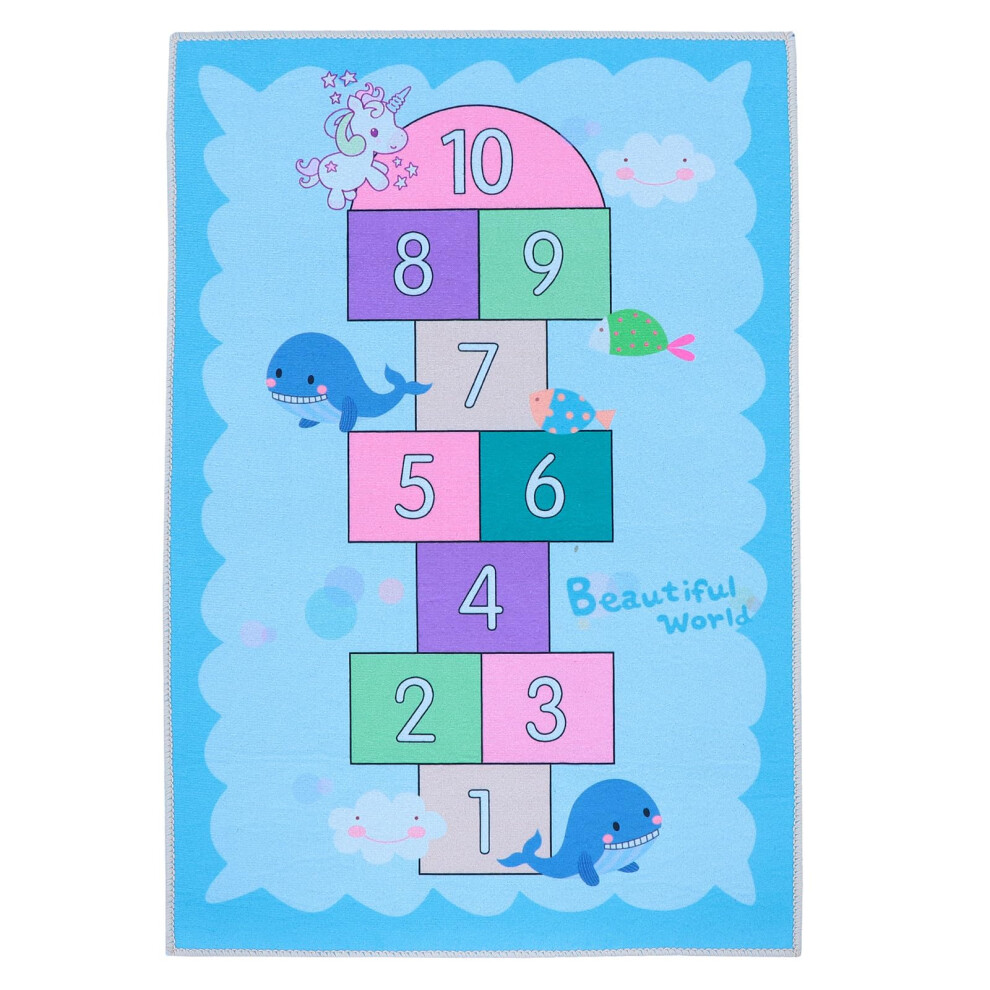Kids Playroom Rug with Hopscotch Design, AntiSkid Indoor Outdoor Carpet for Boys Bedroom