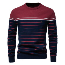 (SW117-red, EUR XXL 100-105kg) Men's Clothing  Classic New O-neck Cotton Pullover Men's Sweater Striped Casual Autumn and Winter High Quality