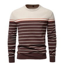 (SW117-Khaki, EUR M 70-80kg) Men's Clothing  Classic New O-neck Cotton Pullover Men's Sweater Striped Casual Autumn and Winter High Quality