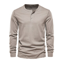 (Khaki, EUR M 70-80kg) Men's Clothing Classic Henley Collar T Shirt Men Casual Solid Color Long Sleeve T Shirt for Men Autumn High Quality