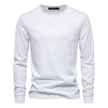 (White, EUR L 80-88kg) Men's Clothing Classic Solid Color Cotton T Shirt Men Casual O-neck Long Sleeved Mens Tshirts Spring Autumn