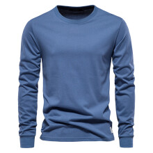 (DenimBlue, EUR M 72-80kg) Men's Clothing Classic Solid Color Cotton T Shirt Men Casual O-neck Long Sleeved Mens Tshirts Spring Autumn