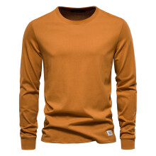 (NaturalYellow, EUR L 80-88kg) Men's Clothing Classic Solid Color Cotton T Shirt Men Casual O-neck Long Sleeved Mens Tshirts Spring Autumn