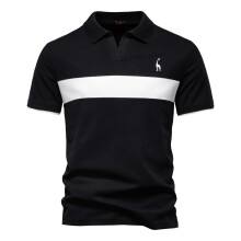 (PL7002-Black, EUR M 65-75kg) Men's Clothing  Classic  Men's Summer V-Neck Striped Polo Shirt Breathable Slim Fit Polo Shirts for Men Lightweight