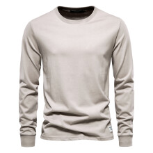 (Khaki, EUR XL 88-95kg) Men's Clothing Classic Solid Color Cotton T Shirt Men Casual O-neck Long Sleeved Mens Tshirts Spring Autumn