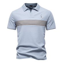 (PL7002-LightBlue, EUR S 55-65kg) Men's Clothing  Classic  Men's Summer V-Neck Striped Polo Shirt Breathable Slim Fit Polo Shirts for Men Lightweight
